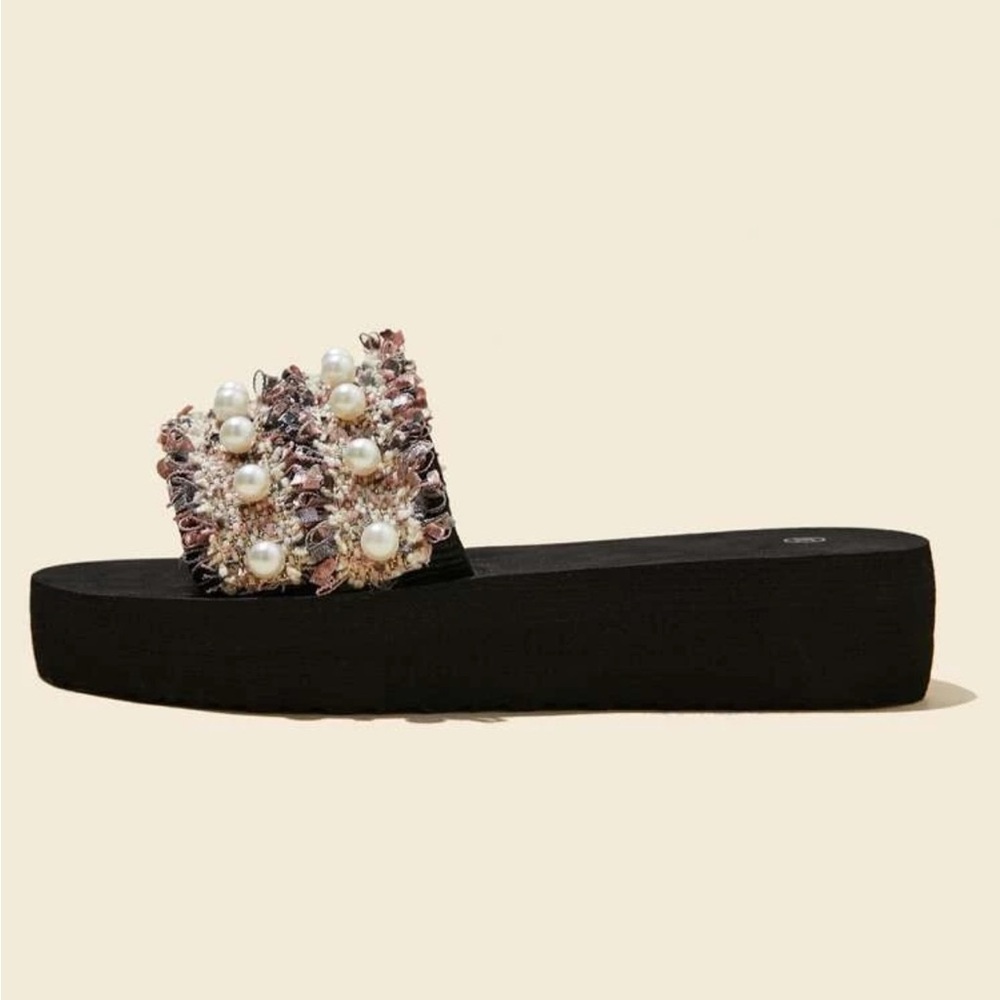 Girl Black Cream Embellished Slide Sandals - Picture 6 of 8